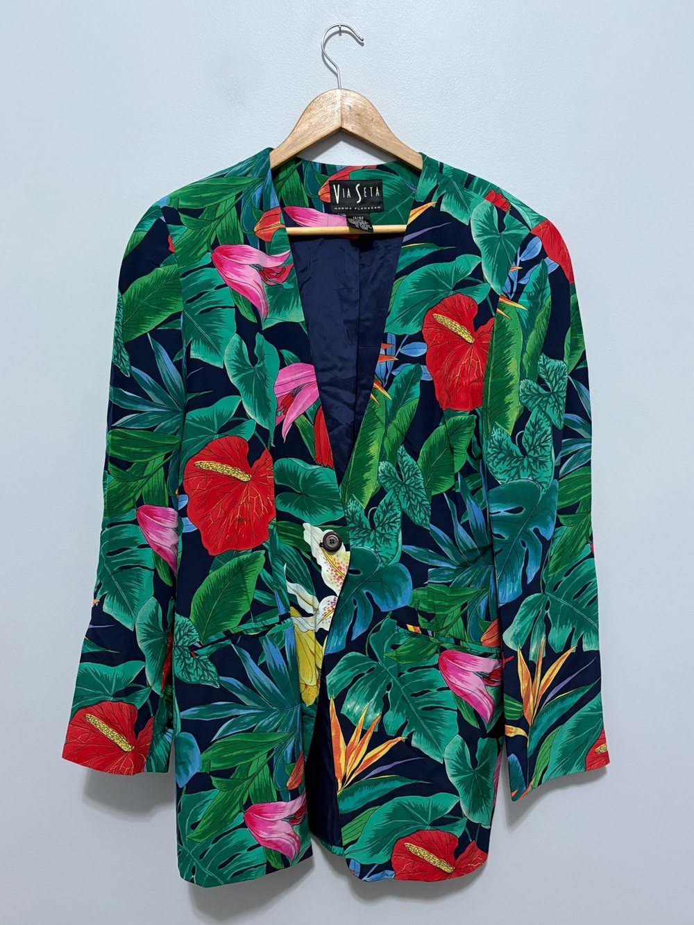 Vintage Via Seta Silk Tropical Paradise Rainforest Oversized Blazer